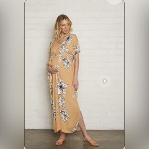 Rachel Pally Crinkle Rae Maxi Dress Caftan Floral Yellow Medium Maternity